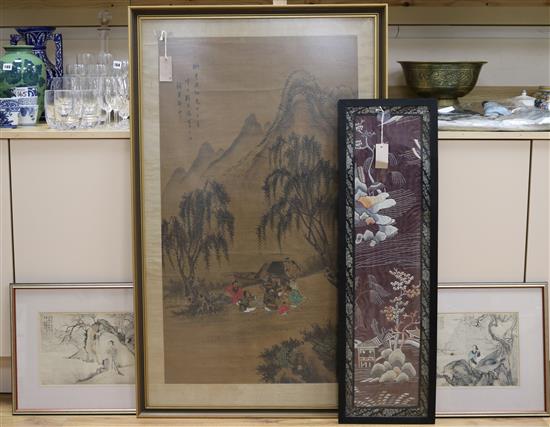 Three Chinese pictures and an embroidery 99x56cm